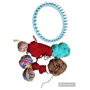 Blue Round Knitting Loom and Multicolor Yarns